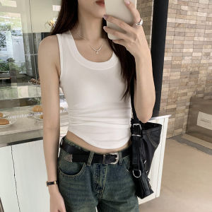 สลิมฟิตสีขาว U-คอผู้หญิงเสื้อกล้าม Ruched แขนกุดเอวหวานเผ็ดสไตล์ฤดูร้อนสปอร์ตสวมใส่กลางแจ้ง