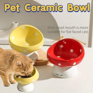 Raised Ceramic Pet Bowl Tilted Feeding Dish Mushroom Design Neck Support Non Slip Home Use