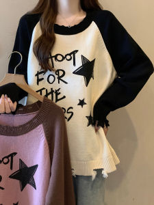 Fall 2024 Knitted Sweater Over-sized Loose Fit Color Block Letter Pattern Soft Cozy Fashionable Womens Korean Style Long Sleeve