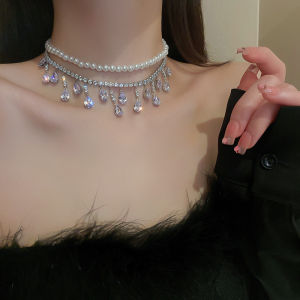 Luxury necklace for Women Fashion Pendants pearl necklace freshwater choker necklace korean style Water Drop zircon jewelry set pearl tassel necklace For Party Wedding Banquet Choker Necklaces Wedding Jewelry gift for woman shiny necklace