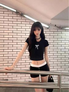 Áo Thun Tay Ngắn Màu Đen Thời Trang Mùa Hè Cho Nữ Dáng Ôm in Nơ Bướm Cổ Tròn Thường Ngày