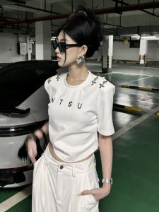 American Style Hot Girl Letter Print round Neck Short Sleeve T-Shirt Womens Summer New Small Design Slim Fit Short Length Top