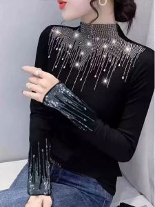 Áo Len Dệt Kim Cổ Cao Màu Đen Ôm Vừa Vặn Thời Trang Thu Đông Mới Về Áo Len Dệt Kim Lót Kim Cương Cho Nữ Áo Len Dệt Kim