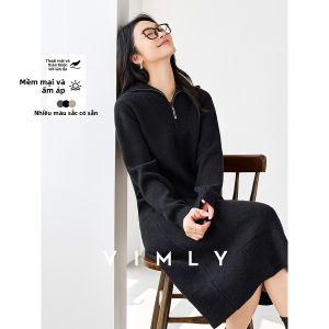Vimly | Đầm Áo Len Dài Tay Cổ Tròn Màu Đen Thời Trang