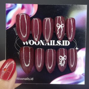 Press on nails red wine free toolkit lengkap | kuku palsu murah premium red wine silky cat eye nails