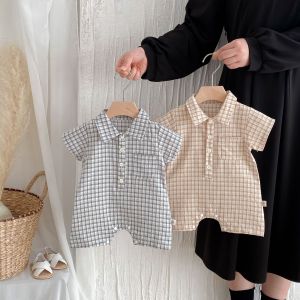Baby short-sleeved bodysuit summer thin style newborn clothes plaid baby boys onesie short romper.