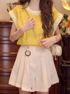 Shalldoer | Fashionable High Waist Casual Sleeveless Round Neck Two-Piece Set Hollow Grid Pattern Summer Shirt And Shorts For Women