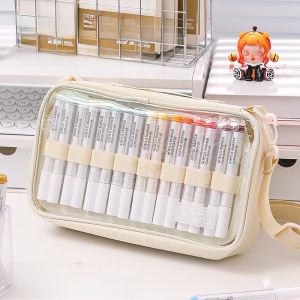 Large Capacity Multi-Layer Blue Fruit Marker Pen Storage Bag Portable Handheld Painting Acrylic Markers Organizing Pouch Transparent Multi-Function Pen Case