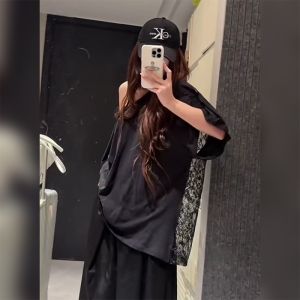 BINKAFENNY | Black Lace Splice Short Sleeve T-Shirt Womens Summer High-End Feelings Mid-Length Sweet And Spicy Girl Shoulder Exposure Top