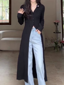 Elegant Long Black V-Neck Slim Fit Knitted Open Cardigan Sleeveless Summer Autumn Versatile Outerwear Trendy Long Shirt