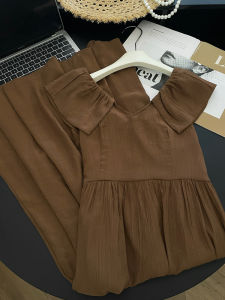 PAIBOLI | Romantic Brown Sweet Dress For Women A-Line Midi Skirt Slimming Plus Size Pear Shaped Body Summer Casual Fashionable Dress