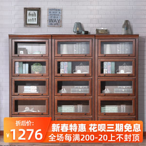 American Style Solid Wood Bookcase with Glass Door Living Room Vintage Storage Rack Staircase under Storage Cabinet Childrens Simple Bookcase