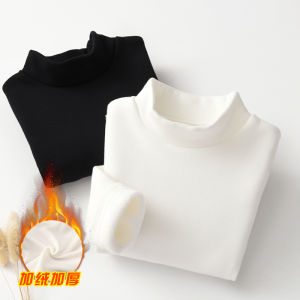 Girls White with Fleece Lining Bottoming Shirt Boys Black Collar T-shirt Childrens Thermal Top Cotton Tight Dancing Dress