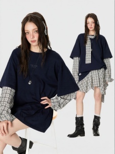 Turn Signal | Faux Two-Piece Plaid Patchwork Long Sleeve T-shirt
