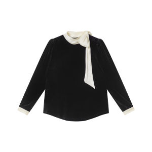 XXNING | Bộ Đầm Velvet Cổ Nơ Màu Đối Chọi Pháp