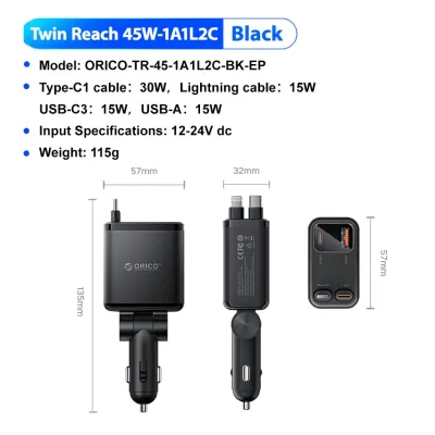 ORICO Twin Reach Car Charger Fast Charging Retractable Car Charger 4 in 1 Fast Car Phone Charger MAX 45W（TR-45）