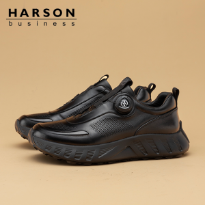 Harson Mens Leather Sport Shoes Breathable Casual Rotating Button Design Spring Summer Fashion Comfortable Cushioning Rubber Sole