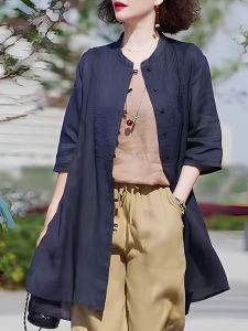 UYFY | Retro Accordion Pleat Flax Shirt Womens Mid-Length Casual Half Sleeve Large Size Outerwear Top New Chinese Style Summer