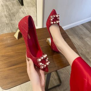 Red High Heel Wedding Shoes Womens Chunky Block Heel Single Shoes for Bridal Gown And Wedding Ceremony Comfortable to Wear