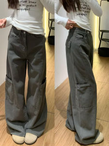 Loose Wide Leg Workwear Pants Womens Denim Jeans High Waist Long Trousers Faded Effect Anti-Wrinkle Thickened Fabric