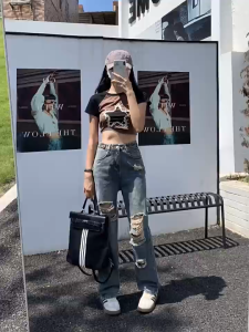 European and American retro style womens high waist jeans loose wide leg holes design fashion pants