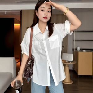 plus Size Womens Polo Collar Short Sleeve White Striped Shirt Slimming Vertical Stripes Summer New Style Korean Loose Fit Blouse