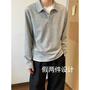 Autumn Casual Long Sleeve Polo Shirt Vintage Collar T-Shirt Loose Fit Versatile Top Layered Look Polyester Blend Mens Tee