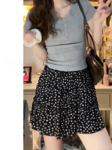 กระโปรงทรงเค้กพิมพ์ลายดอกไม้เอวสูง กระโปรงทรงเอปานกลางสำหรับผู้หญิง ฤดูร้อน 2025 กระโปรงสั้นป้องกันแสง กระโปรงทรงเอ