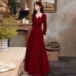 Elegant Long Sleeve Square Collar Wedding Dress for Bridal Dinner Return Home French Style New Bride Serving Dress Korean Style mid Waist a Line Skirt