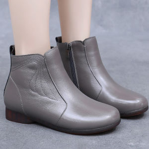 Leather Short Boots Womens New 2025 Spring Autumn Flat Bottom Cow Tendon Winter Cotton Shoes Comfortable Mom Shoes Casual