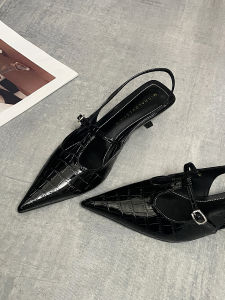 Fashionable Black Embossed Leather Sandals Womens mid Heel French Pointed Toe Elegantly Thin High Heels Open Toe Shoes
