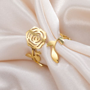 Charm Fashion Rose Womens Ring Stainless Steel Adjustable Ring Rose Plant Ring Romantic Wedding Jewelry Gift