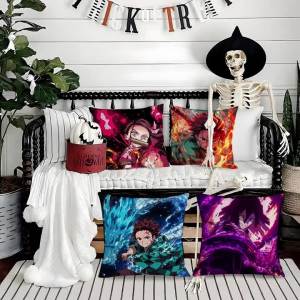 Bandai | Demon Slayer Hashibira Inosuke Anime Plush Pillow Cover Soft Short Plush Cushion Cover For Sofa Bedroom Home Decor Gift
