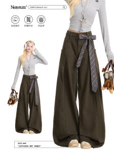 NERESUM Womens Work Pants Butterfly Knot Decoration Deconstructed Large Pocket Pants American Trendy Loose Wide Leg Pants