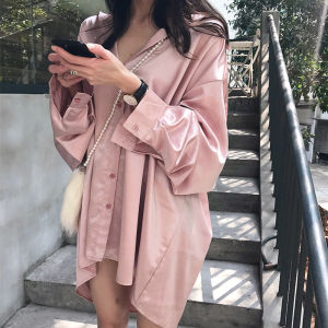 Spring Autumn New Loose Fit Large Size Korean Style Silky Shirt for Men and Women Mid Length Long Sleeve Work Shirt with POLO Collar