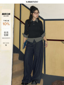 เสื้อยืดแขนยาวลายสก็อตสองชิ้นปลอมสำหรับผู้หญิงไซส์ใหญ่จาก Juxiu Studio เสื้อยืดคอปกสีบล็อกลายสก็อตแบบลำลอง