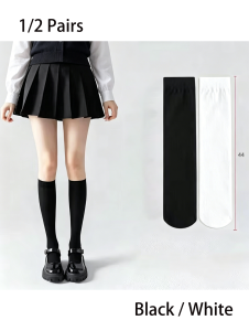1/2 Pairs Women Black White Knee High Socks Uniform Style Solid Color Calf Socks
