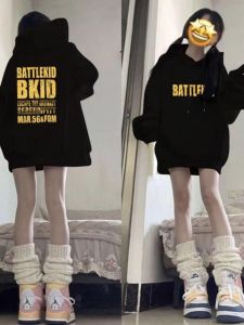 เสื้อสเวตเตอร์มีฮู้ดแบบหลวมๆ สำหรับผู้หญิง ทรงหลวมๆ แขนยาว ผ้าฝ้ายผสม ปกติ ฤดูใบไม้ร่วง/ฤดูหนาว เสื้อผ้าทำงานสไตล์เกาหลี