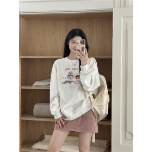White round Neck Long Sleeve Sweatshirt Womens Loose Design Spring Autumn Unique Exquisite Top Korean Style Organic Cotton