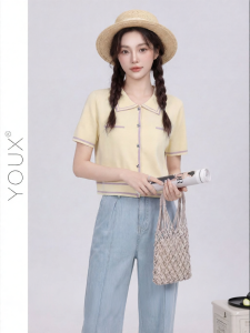 YOUXIANG | Quần Áo Knitwear Mùa Hè Cảm Giác Nhẹ Nhàng Màu Khối Collar Polo