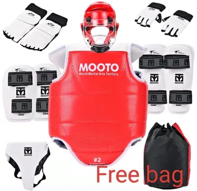 Mooto Taekwondo protective gear set including chest guard headgear shin guards hand gloves groin protector