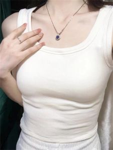 เสื้อกั๊กสีขาวคอวีแขนกุดผ้าฝ้ายแท้สำหรับผู้หญิงในฤดูร้อน เสื้อชั้นในแบบมีสายรัด กางเกงขาสั้น ทรงเข้ารูป แขนกุด ดีไซน์หลังสวยงาม