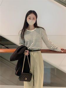 Casual Cotton Long Sleeve round Neck T-Shirt Women Spring Autumn New Style Striped Base Layer Shirt Versatile Loose Fit Knitted