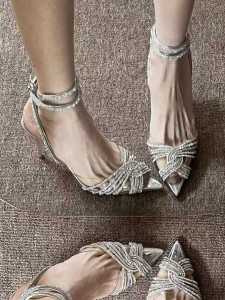 Crazy Star Group ~ Transparent Shiny Cross Rhinestone Pointed Toe High Heels Womens Summer Lace-up Stiletto Heel Roman Closed Toe Sandals