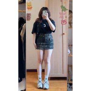 plus Size High Waist A-Line Mini Skirt American Workwear Camouflage Denim Half-length for Plump Sisters Summer Slimming Style