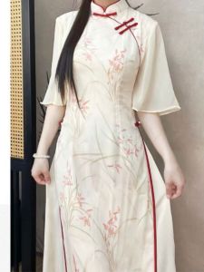 Elegant Long Cheongsam Dress New Chinese Style for Young Girls Summer New Arrival No Slit Polyester Fiber Short Sleeve Daily Wear