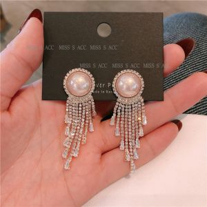Ornament Imitation Pearl Rhinestone Hanging Earrings Slimming Retro Silver Needle