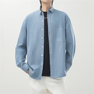 เสื้อเชิ้ตยีนส์สีน้ำเงินสำหรับผู้ชาย ทรงหลวม ทรงลำลอง สไตล์ย้อนยุค สีสันสดใส ฤดูใบไม้ร่วง คอปกปิด แขนยาว
