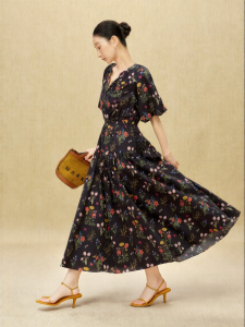 SUSHE | Floral Printed Cotton V-Neck Flare Sleeve Stylish Dress