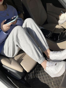 กางเกงกีฬาผู้หญิงหนาป้องกันลมสีเทา ทรงหลวม ทรงหลวม ทรงเข้ารูป กางเกงขายาวลำลองฤดูใบไม้ร่วงและฤดูหนาว